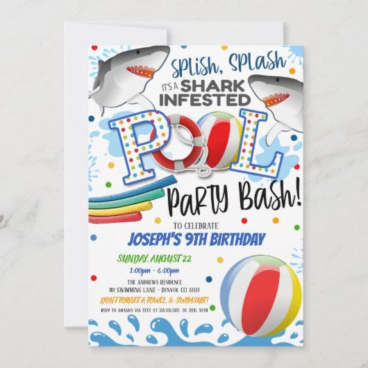 Invitation à la fête piscine attaque de requins (Devant)