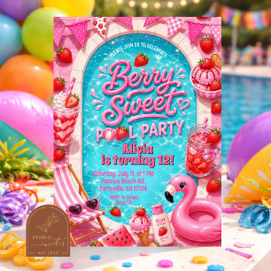 Invitation à la fête piscine douce baie rose fille