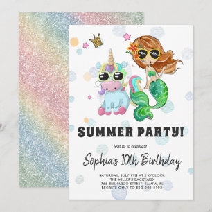 Invitation à la fête piscine Licorne & Sirène