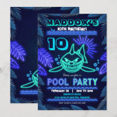Invitation à la fête piscine Neon Shark (Devant / Derrière)