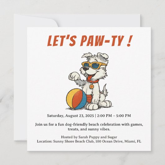 Invitation à la fête rétro de plage pour chiens – (Devant)