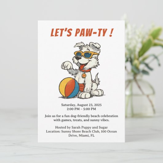 Invitation à la fête rétro de plage pour chiens - (Debout devant)