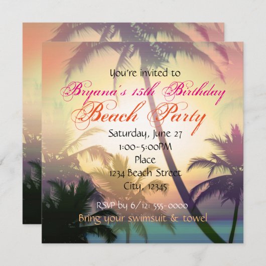 Invitation à la fête sur la plage avec palmiers et (Devant / Derrière)