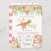 Invitation à la fête Tea-Rex pour fille rose Dinos (Devant / Derrière)