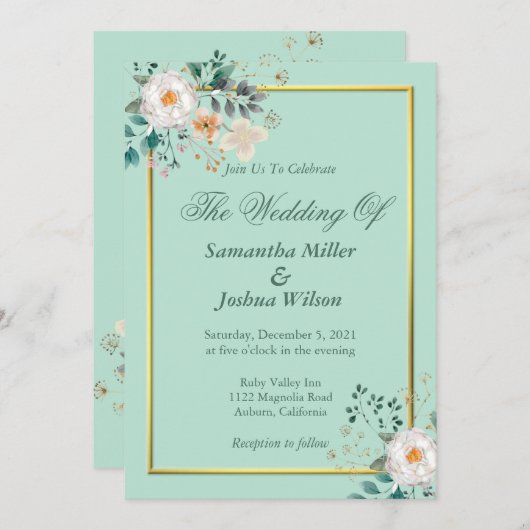 Invitation à la frontière florale et or délicate (Devant / Derrière)