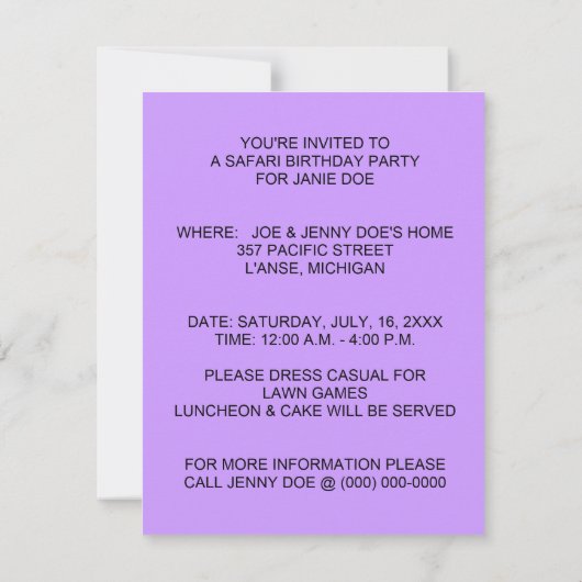 INVITATION À LA FUN JUNGLE THÈME DE LA FÊTE D'Anni (Dos)