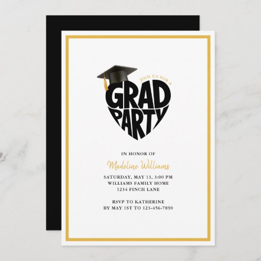 Invitation à la Grad Party de coeur (Devant / Derrière)