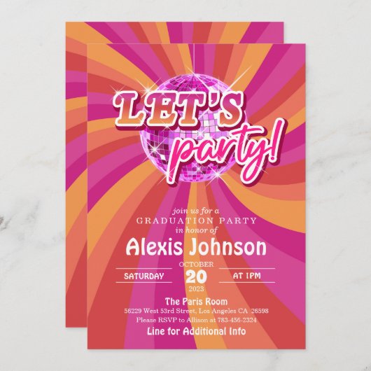 Invitation à la graduation disco (rose) (Devant / Derrière)