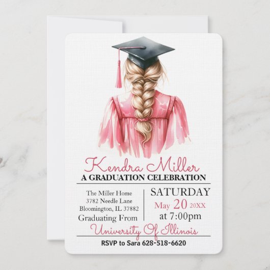 Invitation à la graduation en aquarelle rose (Devant)