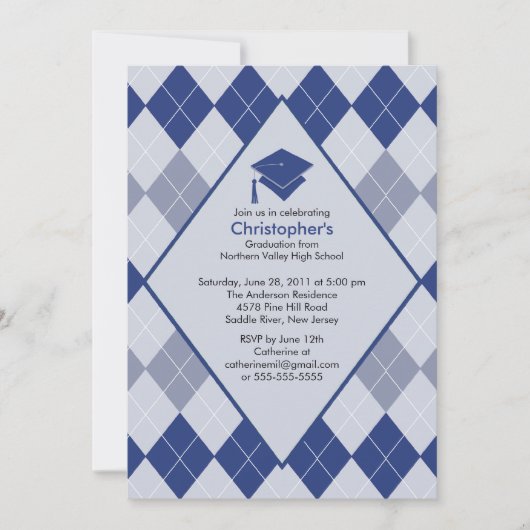 Invitation à la graduation Jacquard bleu de Preppy (Devant)