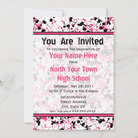 Invitation à la graduation Pink & Black Splatter - (Devant)