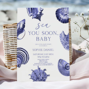 Invitation À la mer bientôt, coquillages bébé bleu Shower pou