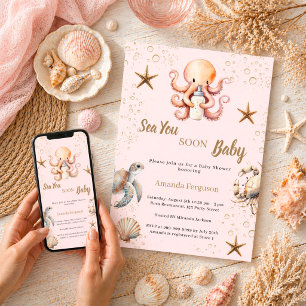 Invitation À la mer bientôt fille rose Baby Shower