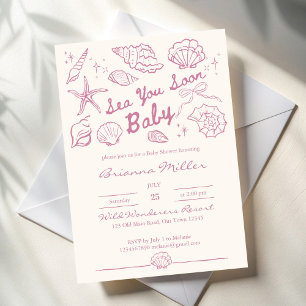 Invitation À la mer bientôt filles plage coquillages baby sho