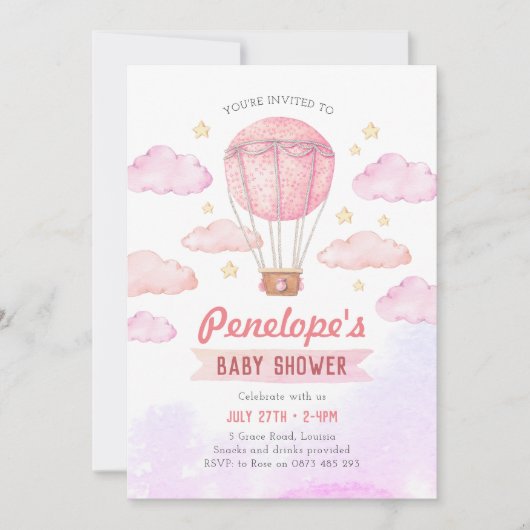 Invitation à la montgolfière rose, baby shower fil (Devant)