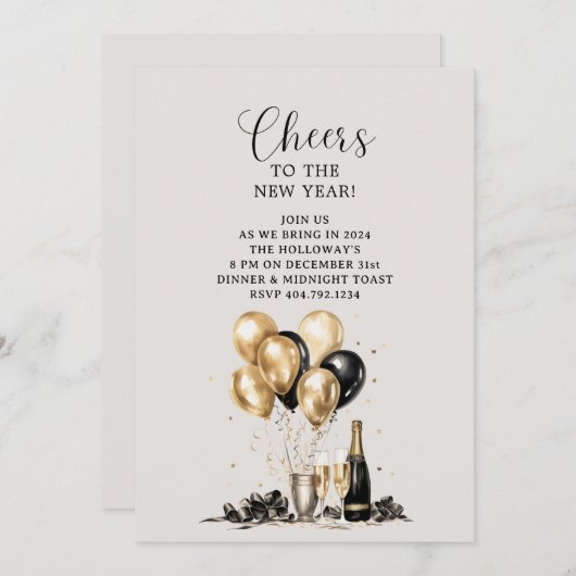 Invitation À la nouvelle année Fête noire et or (Devant / Derrière)