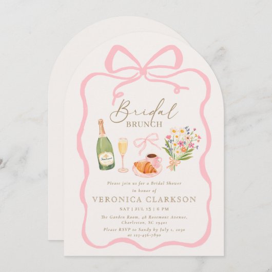 Invitation à la nuptiale Brunch Pink Bow (Devant / Derrière)