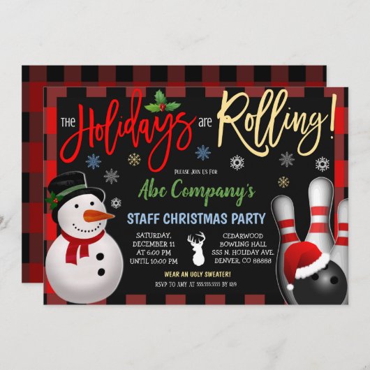 Invitation à la partie de bowling de Noël, fête de (Devant / Derrière)