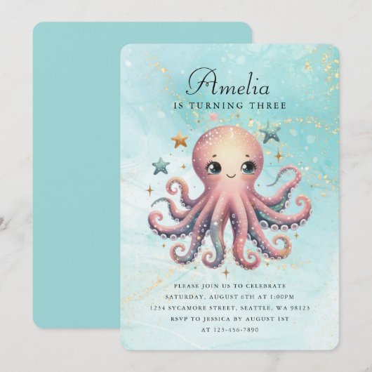 Invitation à la pieuvre d'anniversaire mignonne (Devant / Derrière)