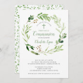 Invitation à la première communion à feuilles vert (Devant / Derrière)