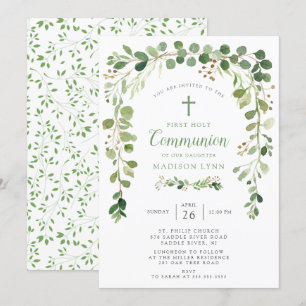 Invitation à la première communion à feuilles vert