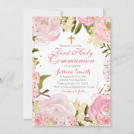 Invitation à la première communion à fleurs roses. (Devant)