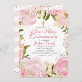 Invitation à la première communion à fleurs roses. (Devant / Derrière)