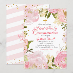 Invitation à la première communion à fleurs roses.