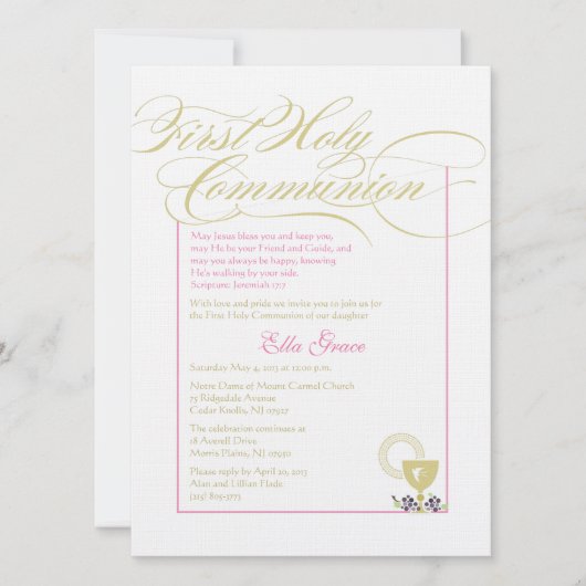Invitation à la première communion de fille - rose (Devant)