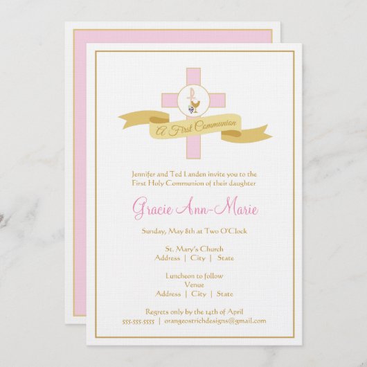 Invitation à la première communion de fille - rose (Devant / Derrière)