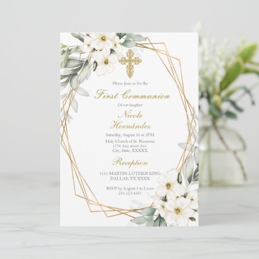 Invitation à la première communion de fleur blanch (Debout devant)
