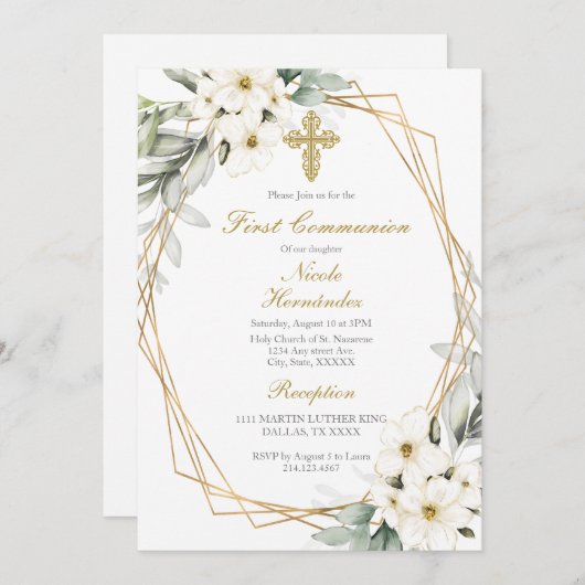 Invitation à la première communion de fleur blanch (Devant / Derrière)
