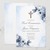 Invitation à la première communion florale bleue (Devant / Derrière)