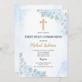 Invitation à la première communion florale bleue (Devant / Derrière)