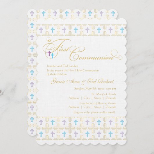 Invitation à la première communion jumelle garçon  (Devant / Derrière)