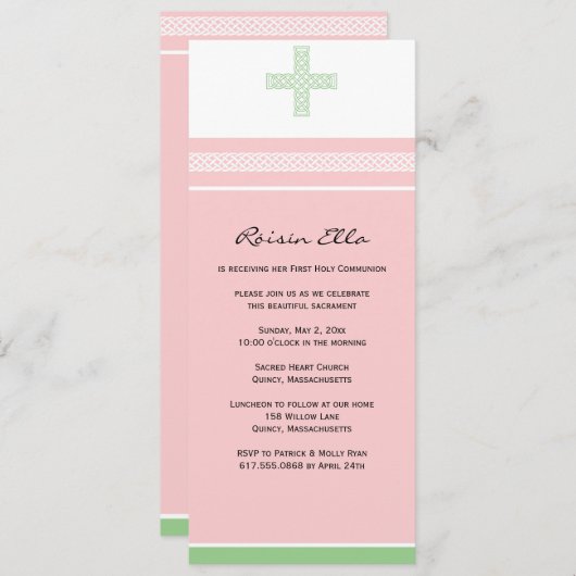 Invitation à la première communion rose et vert (Devant / Derrière)