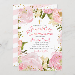 Invitation à la première communion rose florale.