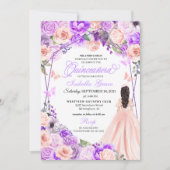 Invitation à la Quinceanera florale rose et violet (Devant)