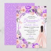 Invitation à la Quinceanera florale rose et violet (Devant / Derrière)