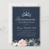 Invitation à la quincénanera Floral Navy & silver (Devant)