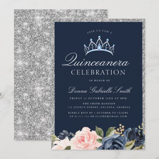 Invitation à la quincénanera Floral Navy & silver (Devant / Derrière)
