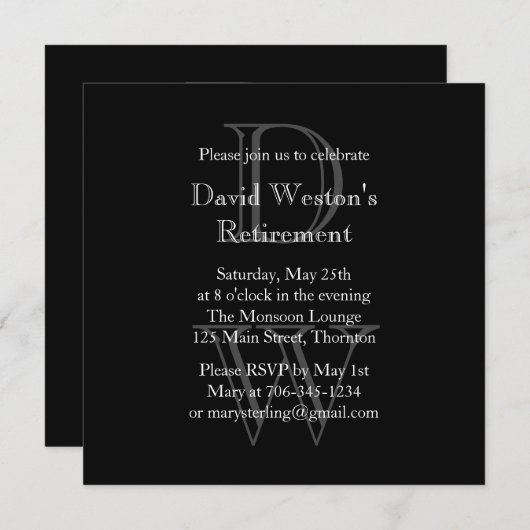 Invitation à la retraite monogramme moderne (noir) (Devant / Derrière)
