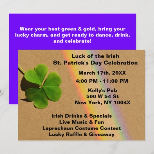 Invitation à la Saint-Patrick Arc-en-Ciel Violet (Devant / Derrière)
