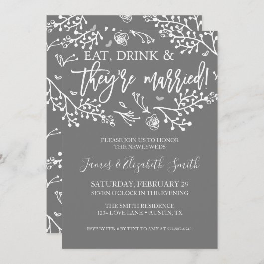 Invitation à la soirée d'après-mariage Floral Gris (Devant / Derrière)