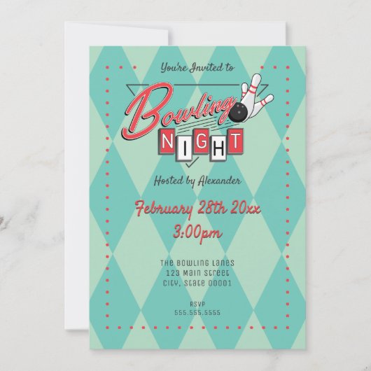Invitation à la soirée de bowling avec logo rétro (Devant)
