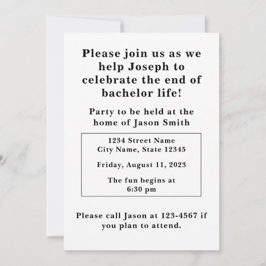 Invitation à la soirée de célibataire (Dos)