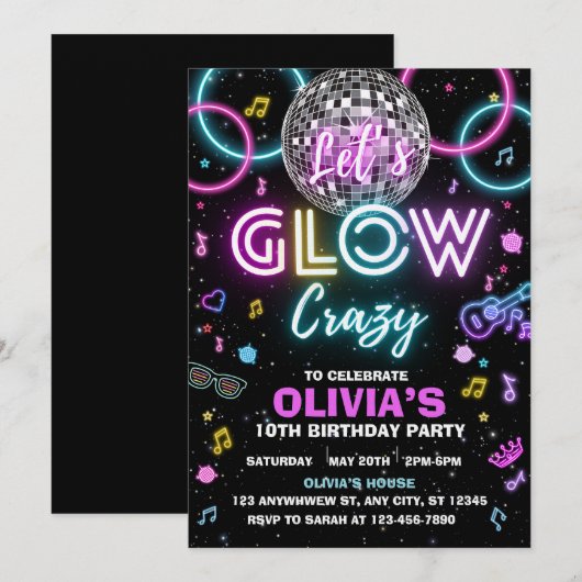 Invitation à la soirée disco Let's Glow Crazy - bo (Devant / Derrière)