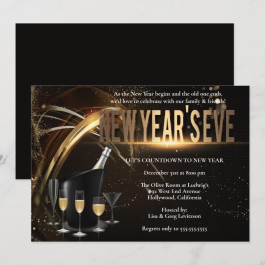 Invitation à la Soirée du Nouvel An noir et or (Devant / Derrière)