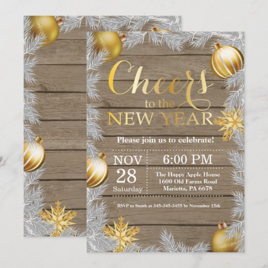 Invitation à la soirée du Nouvel An Rustic Gold (Devant / Derrière)