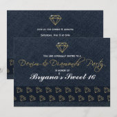 Invitation à la soirée glamour dorée et bleue Deni (Devant / Derrière)